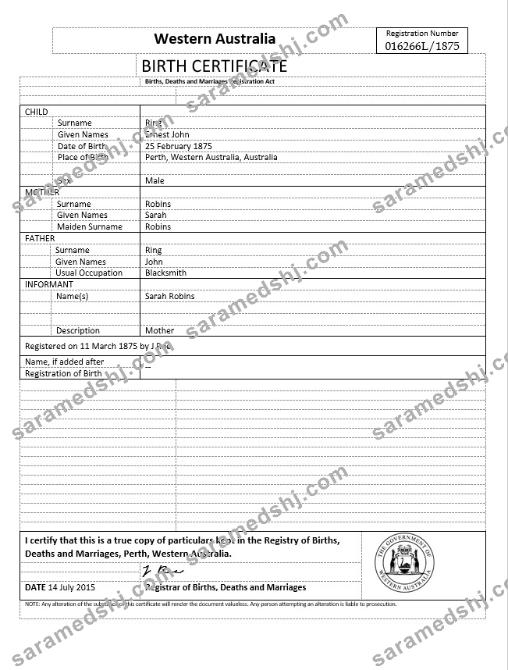 Australia Western Australia birth certificate template in Word format, version 2